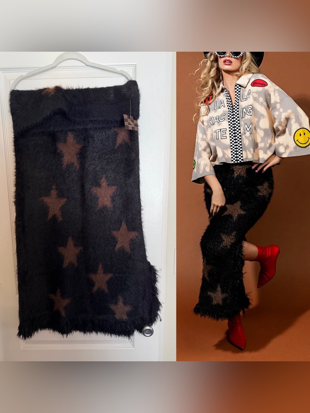 Dressed in LALA Written in the Stars Fuzzy Fringe Skirt with Brown Star Print